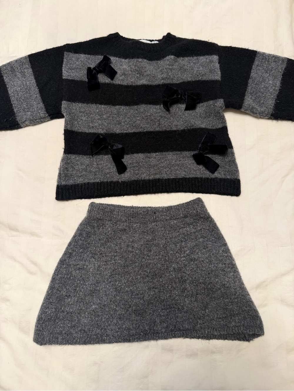 Zara Kids Black & Gray Striped Sweater and Skirt Set with Bow Accents